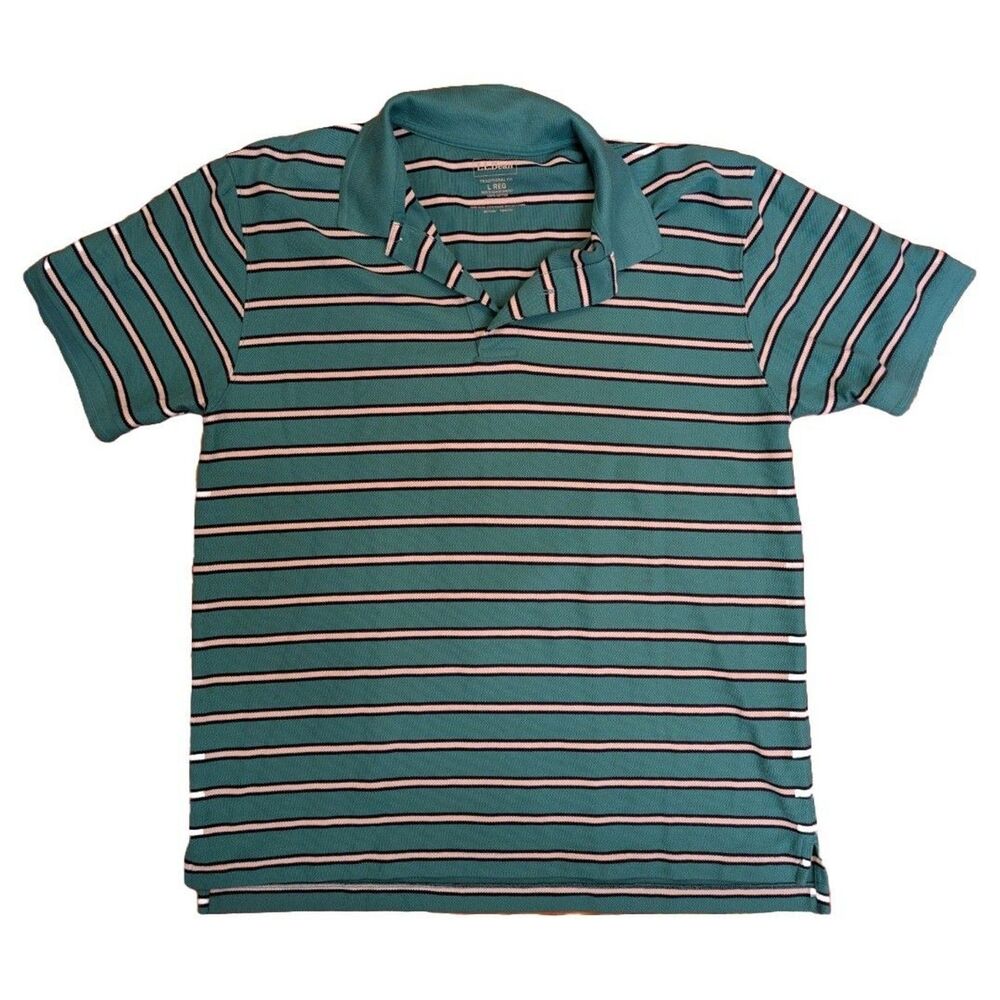L.L.Bean Polo Shirt Men's Large Green White Striped Traditional Fit Cotton